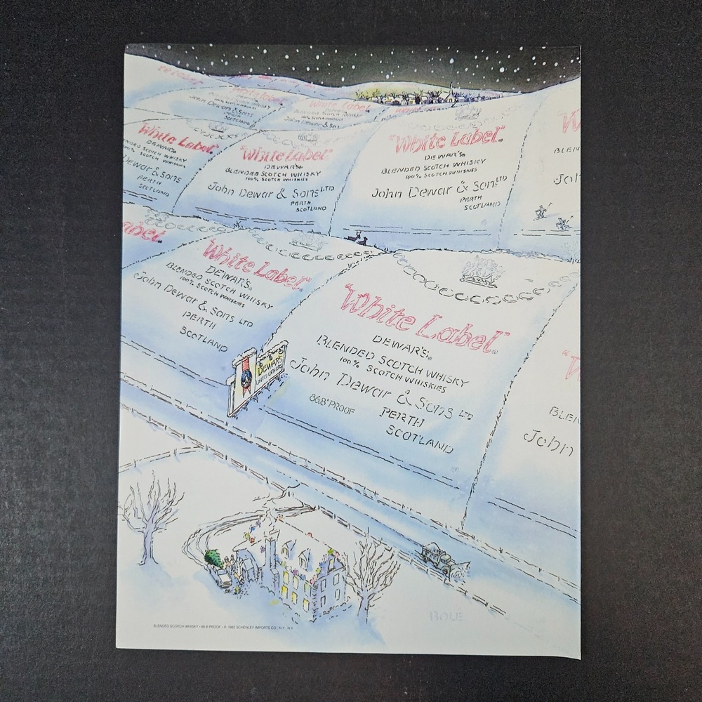 1982 White Label‎ Dewar's Blended Scotch Whisky Winter Cartoon Vintage Print Ad